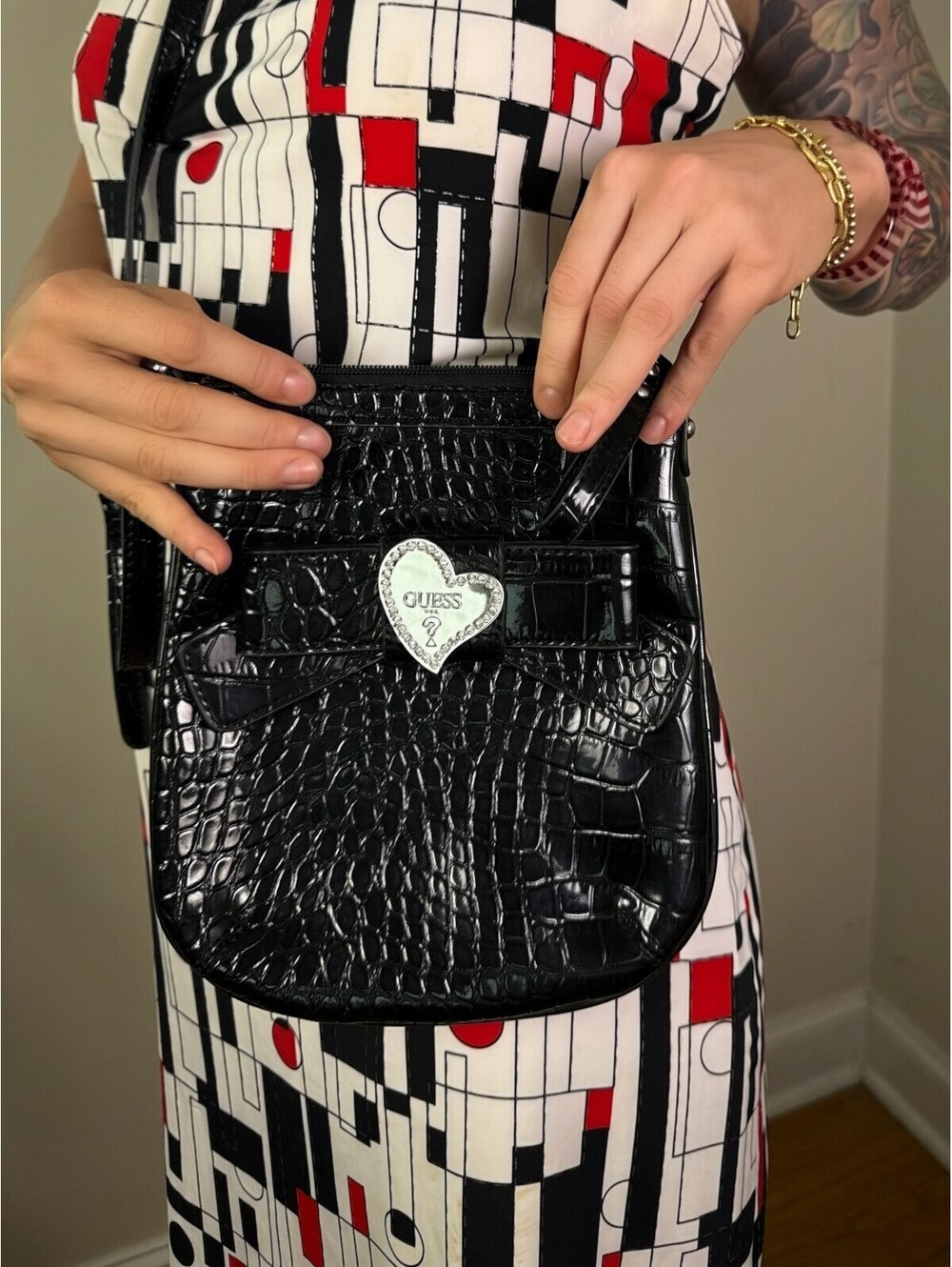 Vintage Y2K GUESS Croc Rhinestone Heart Crossbody Bag